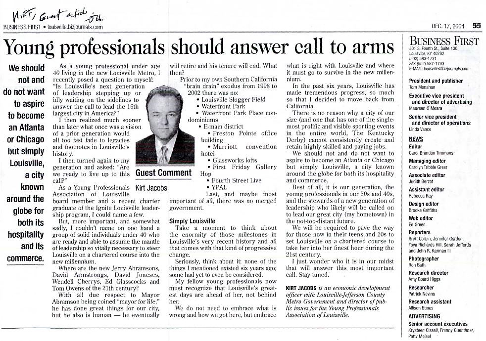Kirt Jacobs' "Young Professionals Should Answer Call to Arms" Louisville Business First Guest Article 12-20-2204